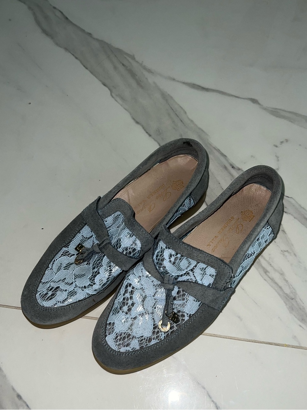 Women's Lace-Overlay Loafer Slip-Ons in Light Blue and Gray